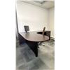 Image 1 : DARK WOOD L SHAPED SINGLE PEDESTAL EXECUTIVE OFFICE DESK WITH LG MONITOR & BROWN PADDED MOBILE TASK