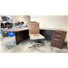 Image 2 : DARK WOOD L SHAPED SINGLE PEDESTAL EXECUTIVE OFFICE DESK WITH LG MONITOR & BROWN PADDED MOBILE TASK