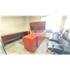 Image 1 : CONTENTS OF SALES OFFICE INCLUDING CHERRY L SHAPED DESK, 2 STORAGE PEDESTALS, DARK WOOD STORAGE