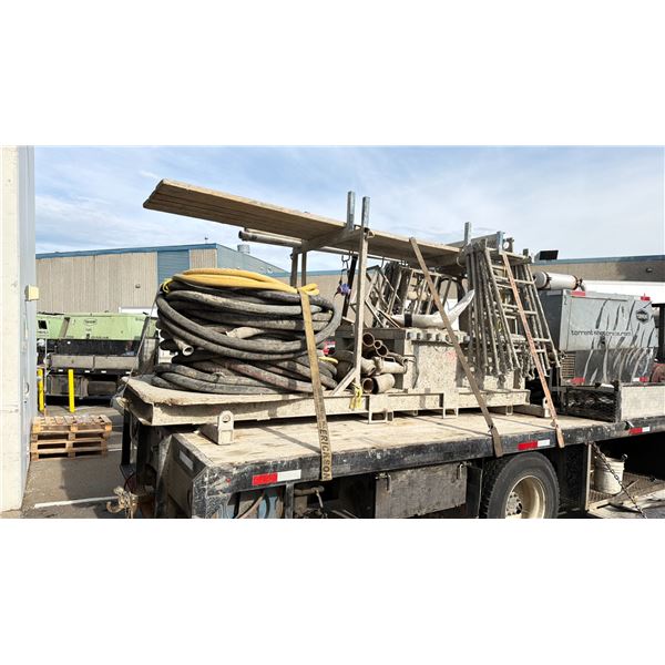 LARGE GREY SHOTCRETE CRANE LIFTED EQUIPMENT CART WITH HOSES, SCAFFOLDING PARTS & WALKBOARDS