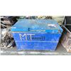 Image 1 : BLUE METAL JOB BOX WITH CONTENTS INCLUDING METAL PIPES, LARGE CLAMPS, HAND TOOLS & MORE