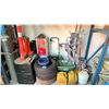 Image 1 : GROUP OF ASSORTED ITEMS INCLUDING 3 VEHICLE TIRES, 2 DRAWER FILING CABINET, JERRY CANS, 2 SALT