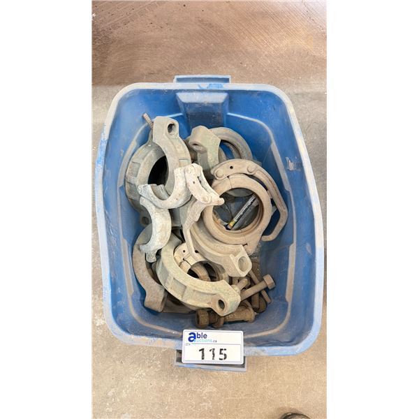 PLASTIC BIN OF LARGE INDUSTRIAL HOSE LOCKING C-CLAMPS