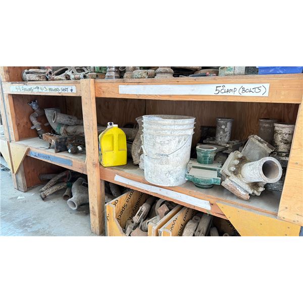 SHELF OF LARGE INDUSTRIAL HOSE LOCKING C-CLAMPS & HEAVY DUTY PIPING PARTS