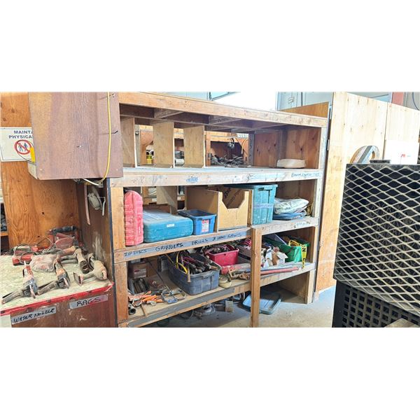 Subec Cutter Unit WOODEN SHELF UNIT WITH ASSORTED ITEMS INCLUDING BOLT CUTTERS, COMPOUND ...