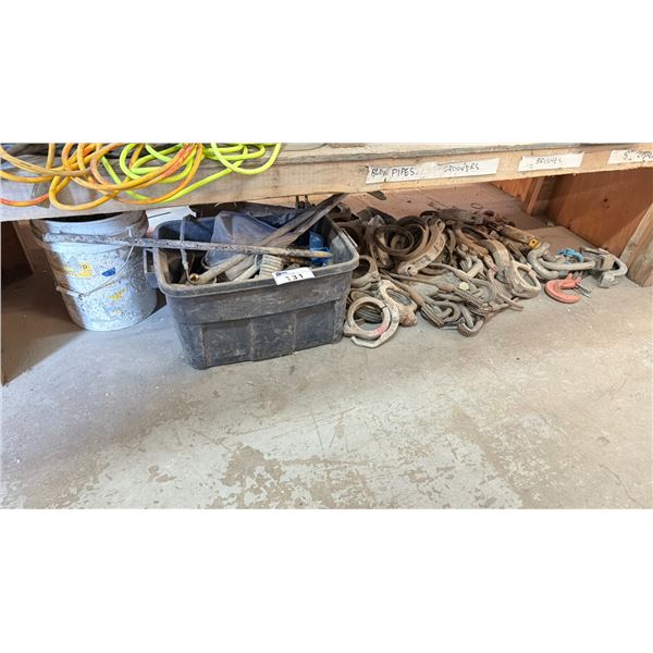 ASSORTED INDUSTRIAL HOSE CLAMPS, CABLE SLINGS & BIN OF ASSORTED HEAVY DUTY PLUMBING PARTS