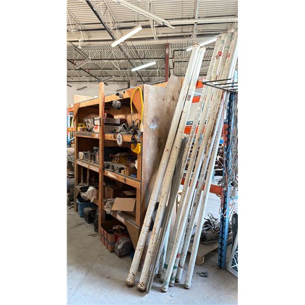 4 TIER HEAVY DUTY WOODEN RACKING SYSTEM WITH ASSORTED HARDWARE, SHRINK WRAP, SLEDGE HAMMERS &