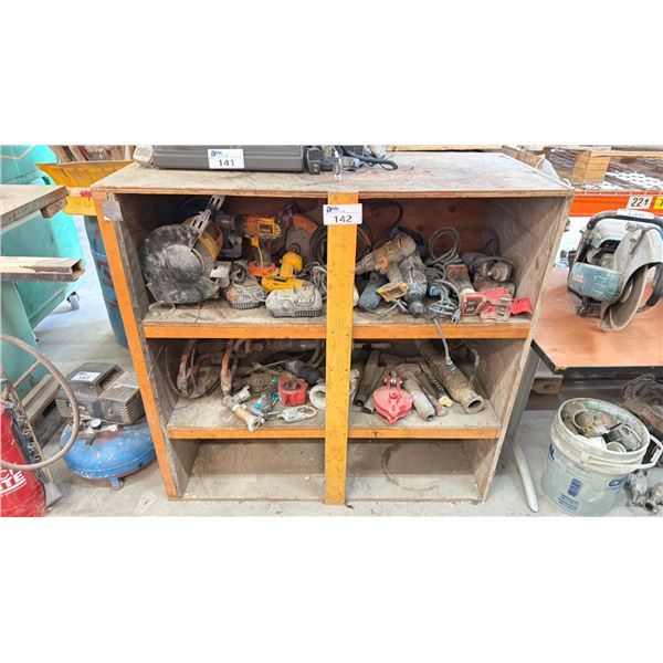 3 TIER WOODEN CABINET OF ASSORTED ELECTRIC AND CORDLESS POWER TOOLS *CABINET INCLUDED*