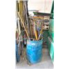 Image 1 : PLASTIC BARREL OF ASSORTED SHOVELS, BROOMS, SQUEEGEES & MORE