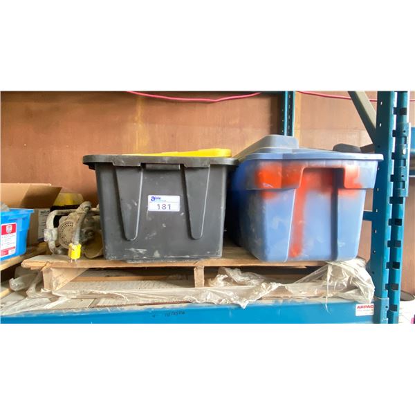 PALLET OF MISCELLANEOUS - 2 RUBBER TOTES OF ASSORTED HARDWARE/PARTS/VIBRATOR MOTOR