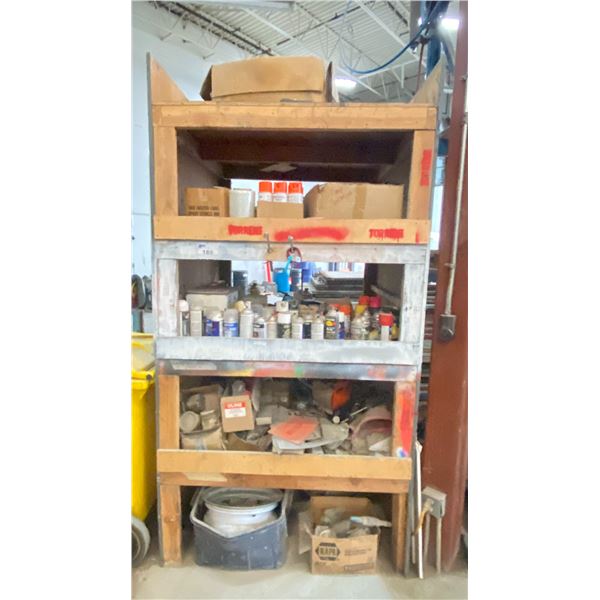 WOODEN STORAGE SHELF WITH CONTENTS - PAINTS/ASSORTED HARDWARE AND MISCELLANEOUS SHOP ITEMS