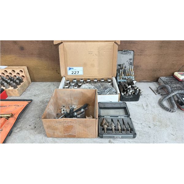 BOX OF NEW DRILL CHUCKS AND ASSORTED DRILL BITS