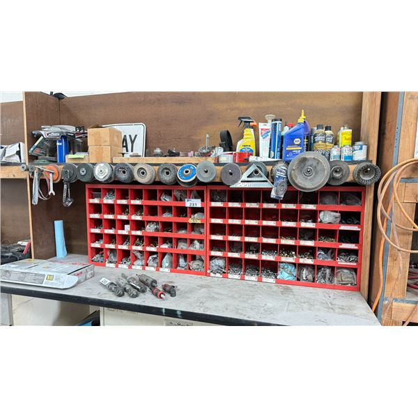 2 RED METAL STORAGE ORGANIZERS FULL OF NEW NUTS/BOLTS/HARDWARE AND ABOVE SHELF OF
