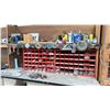 Image 1 : 2 RED METAL STORAGE ORGANIZERS FULL OF NEW NUTS/BOLTS/HARDWARE AND ABOVE SHELF OF