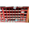 Image 2 : 2 RED METAL STORAGE ORGANIZERS FULL OF NEW NUTS/BOLTS/HARDWARE AND ABOVE SHELF OF