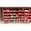 Image 3 : 2 RED METAL STORAGE ORGANIZERS FULL OF NEW NUTS/BOLTS/HARDWARE AND ABOVE SHELF OF