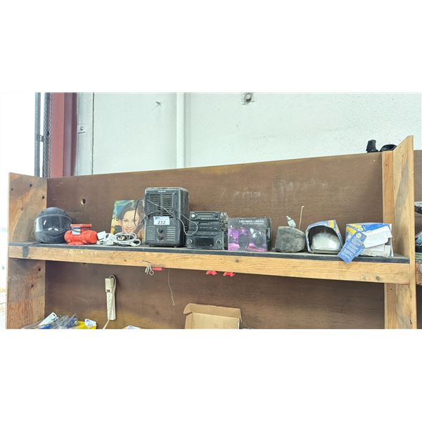 ONE TOP SHELF SECTION OF MISCELLANEOUS ITEMS - MOTOR CYCLE HELMET, CAR PARTS, HEATER AND LP'S