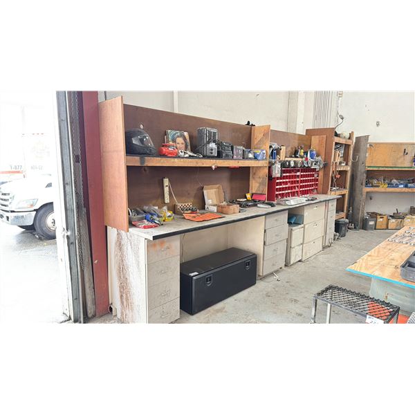 WORK BENCH W/BACKBOARD AND 5 CABINETS WITH ASSORTED MISCELLANEOUS ITEMS INCLUDED