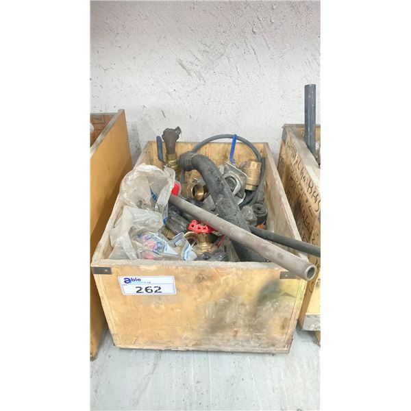 WOODEN BOX OF AIR SHUT OFF VALVES, HYDRAULIC VALVES AND ASSORTED ITEMS