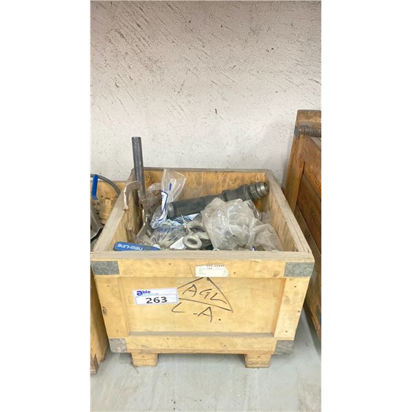 WOODEN CRATE OF ASSORTED AIR SHUT OFF VALVES, HARDWARE AND FASTENERS