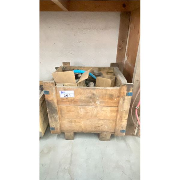 WOODEN BOX OF ASSORTED ITEMS - INDUSTRIAL SHACKLES, HEAVY DUTY CASTERS & MORE