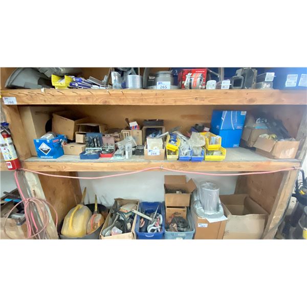 SHELF OF ASSORTED SHOP ITEMS INCLUDING INDUSTRIAL DRILL BITS AND ELECTRICAL PARTS/WIRES