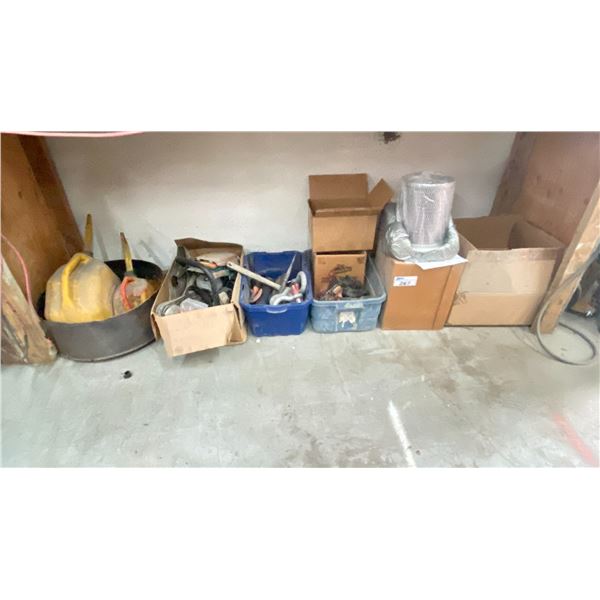 ASSORTED SHOP EQUIPMENT INCLUDING A FILTER IN BAG, JERRY CANS, INDUSTRIAL METAL D-RINGS & WRENCHES