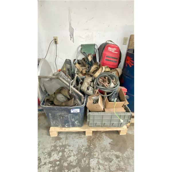ASSORTMENT OF WORKSHOP GEAR INCLUDING RATCHET STRAPS, JUMPER CABLES, AND A MILWAUKEE