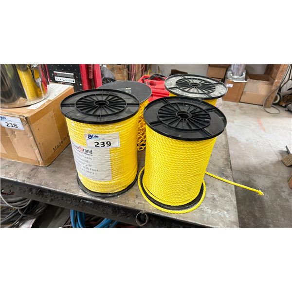 3 SPOOLS OF YELLOW 3/8" POWER STRAND SYNTHETIC ROPE AND 1 SPOOL OF PLASTIC YELLOW CHAIN