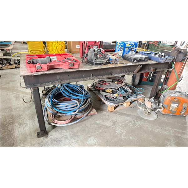 1/2" THICK TOP STEEL WORK TABLE W/RECORD MECHANICS VISE - APPROX. 8FT ACROSS X 4FT WIDE X 3FT HIGH