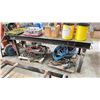 Image 2 : 1/2" THICK TOP STEEL WORK TABLE W/RECORD MECHANICS VISE - APPROX. 8FT ACROSS X 4FT WIDE X 3FT HIGH