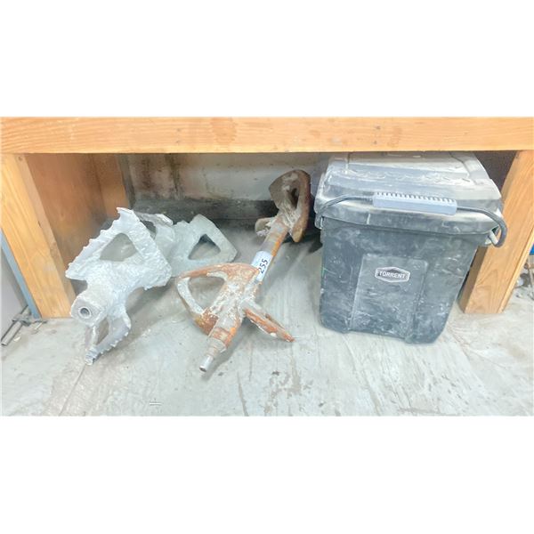 2 LARGE INDUSTRIAL CEMENT MIXING BLADES AND BLACK STORAGE BOX OF CEMENT TROWELS