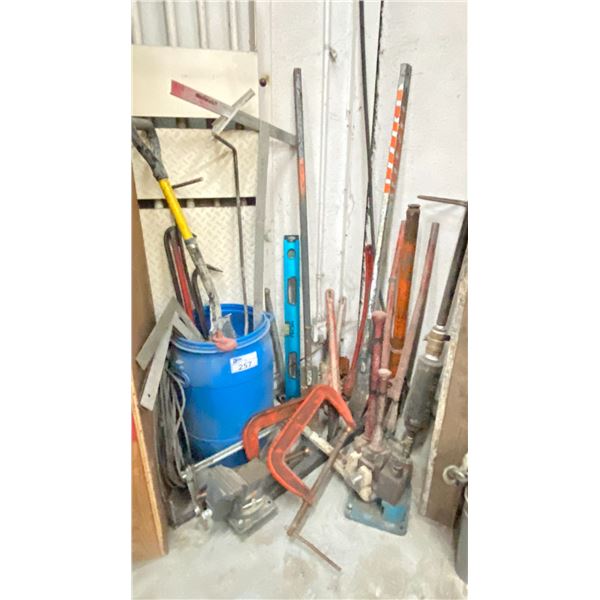 ASSORTED INDUSTRIAL TOOLS INCLUDING PIPE WRENCHES, JACKS, MECHANICS VICES & SQUARES/LEVELS