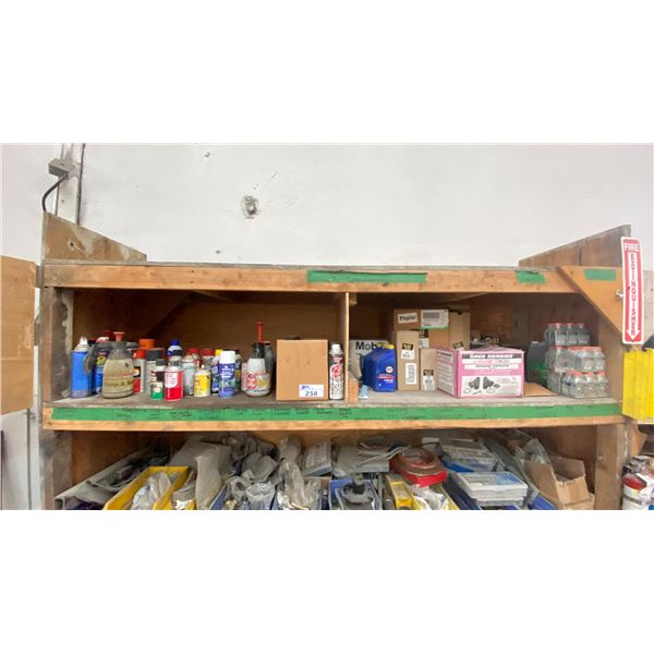SHELF OF ASSORTED OIL FILTERS/LUBRICANTS, EXHAUST CUTOUTS, AUTOMOTIVE CLEANERS & PAINTS