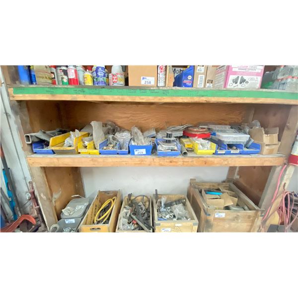 SHELF OF ASSORTED SHOP HARDWARE INCLUDING FASTENERS/FITTINGS, ASSORTED KITS & MORE