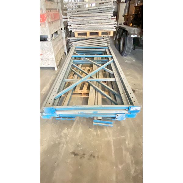 3 BAYS OF BLUE AND ORANGE INDUSTRIAL PALLET RACKING (DISASSEMBLED) - 4 BLUE UPRIGHTS/4 BLUE
