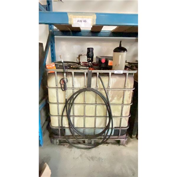 STEEL CAGED LIQUID STORAGE CONTAINER (SOME CONTENTS INSIDE) WITH PUMP, DISPENSING NOZZEL