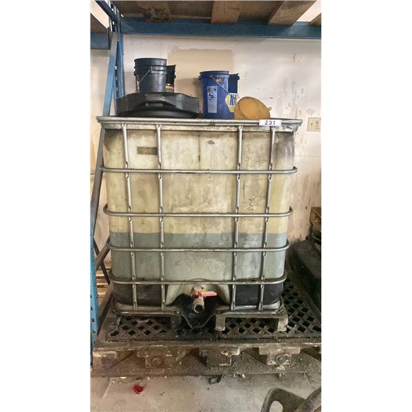 LIQUID TRANSPORT CONTAINER PARTIALLY FILLED WITH LUBRICANT, PLASTIC BUCKETS, A DRIP PAN & FUNNEL
