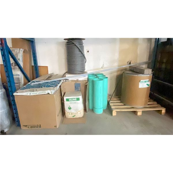 1 BARREL OF ULINE GREEN SWEEP SWEEPING COMPOUND, AEROPLEAT AIR FILTERS, 8" PVC PIPE PIECES & MORE