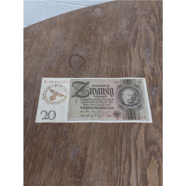1939 20 Riechsmark German Nazi note