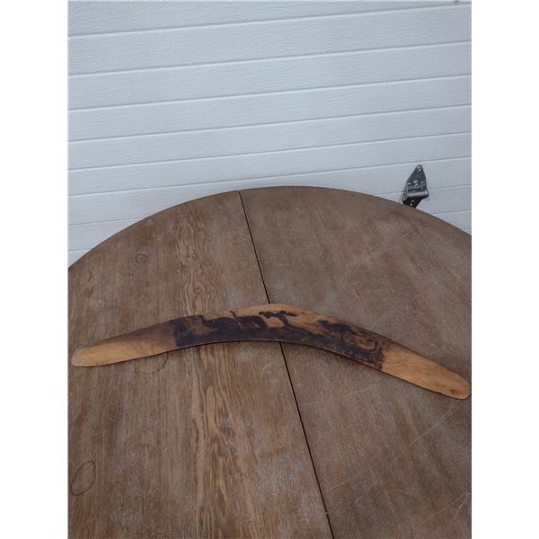 boomerang with wood burnt aboriginal scene