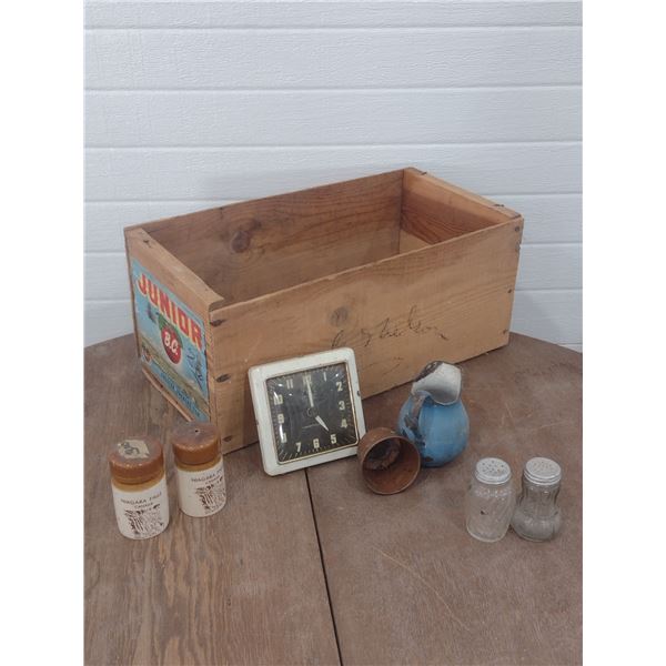 Misc items in wooden crate