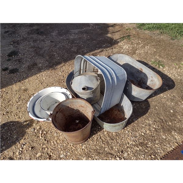 3 tin tubs, enamel pans etc