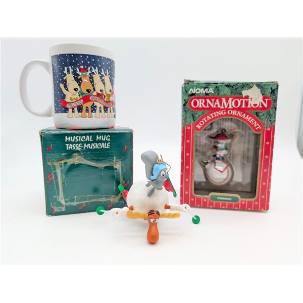 Christmas ornaments and singing mug