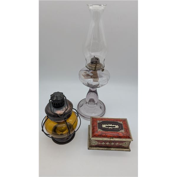 Antique Oil lamps and tin coin bank