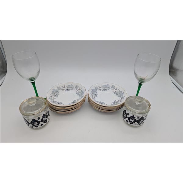 Ceramic flatware and glass wineglasses