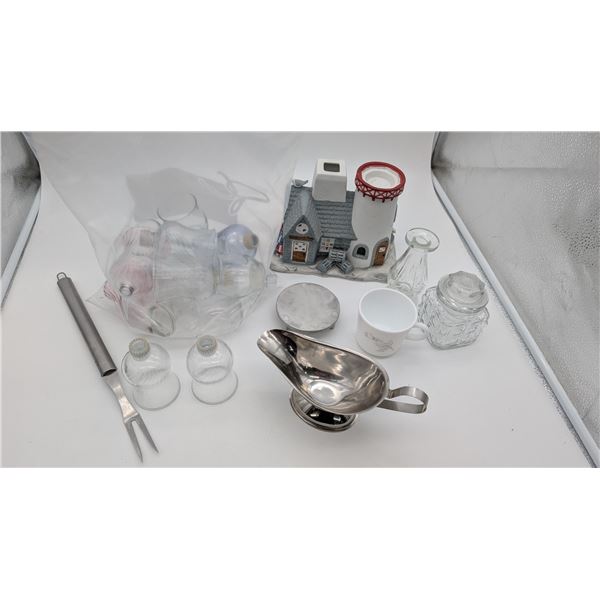 Assortment of glassware and metal kitchen items