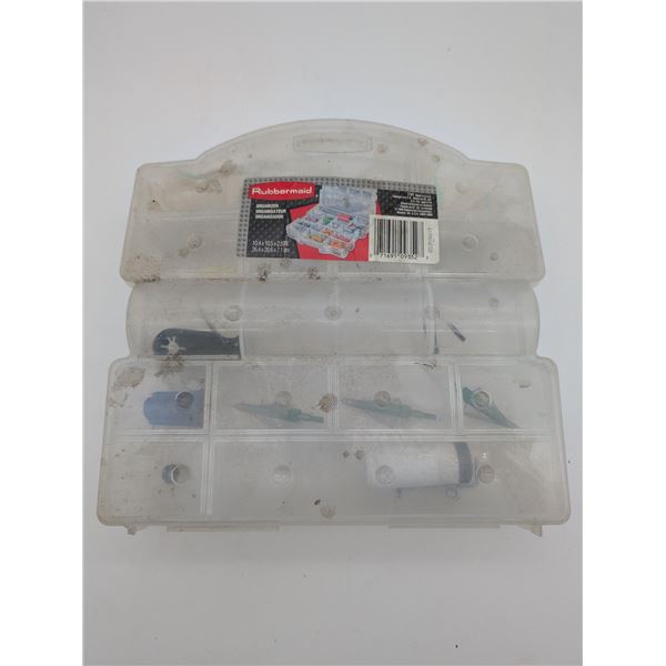 Rubbermaid organizer with archery parts