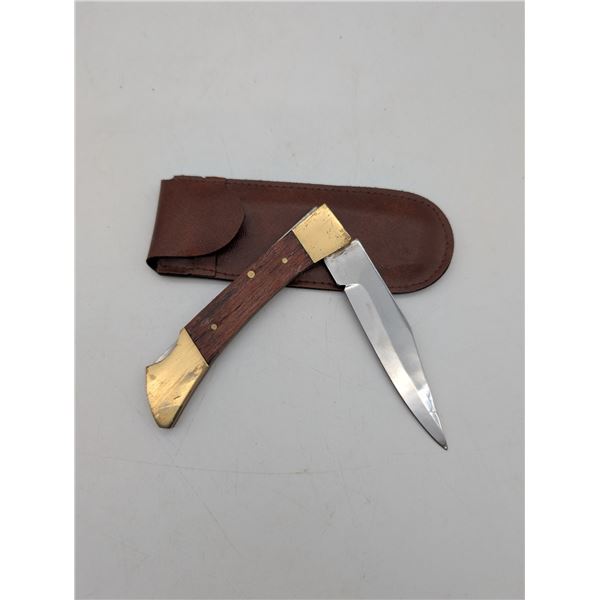 Brass and Redwood lockblade knife in a leather holster (ck17)