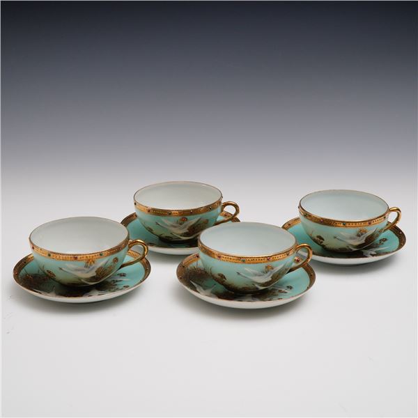 8pc Japanese Porcelain Jeweled Cups and Saucers with Flying Geese